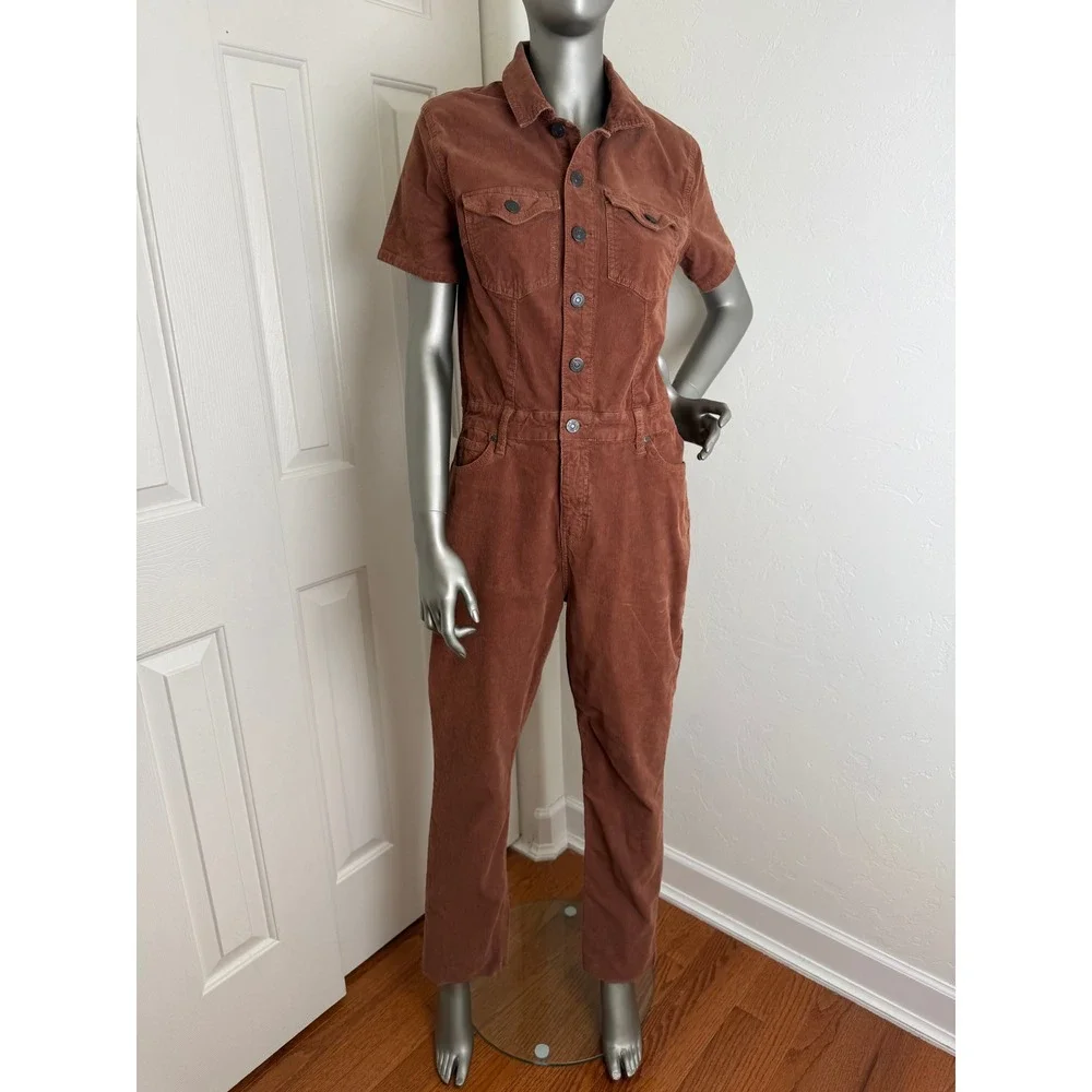 Cleo + Wolf Corduroy Jumpsuit Rust Brown Utility Short Sleeve Medium - Picture 2 of 11